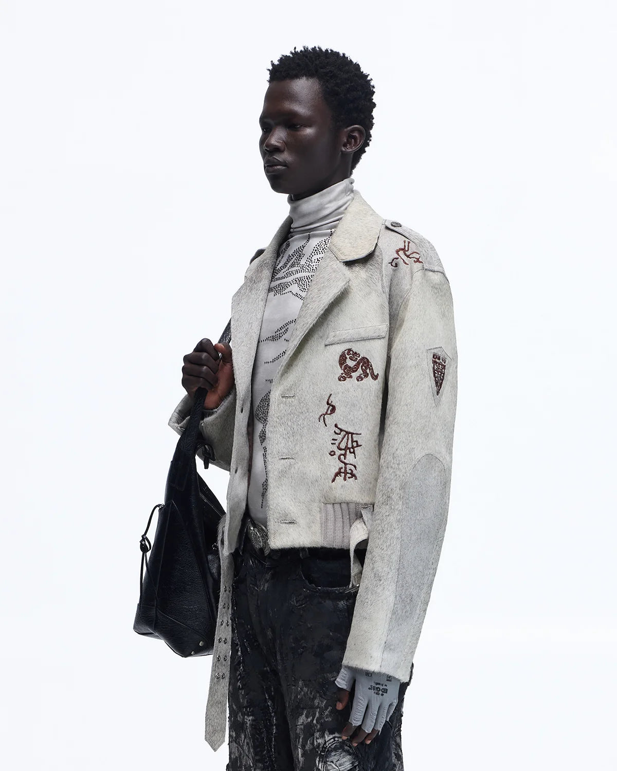Personsoul Horse-Embroidered Leather Notch Collar Blazer