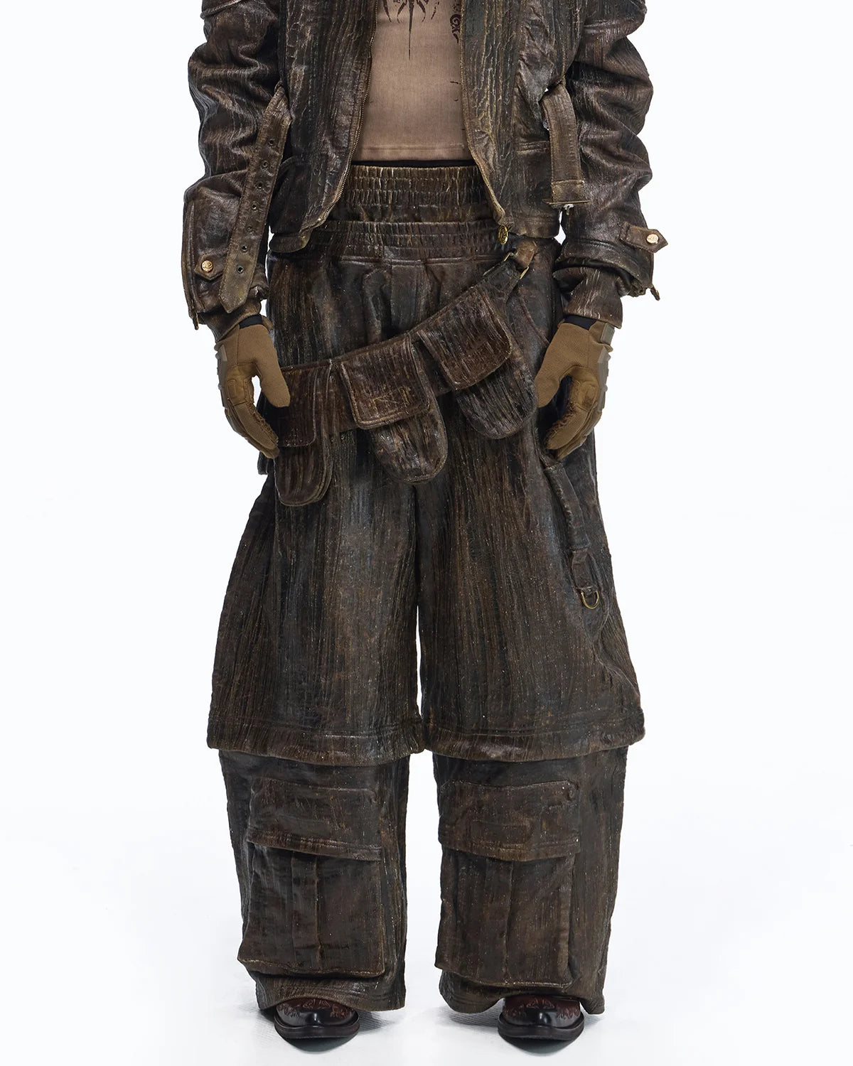 Personsoul Waxed Vintage Double-Waist Cargo Pants