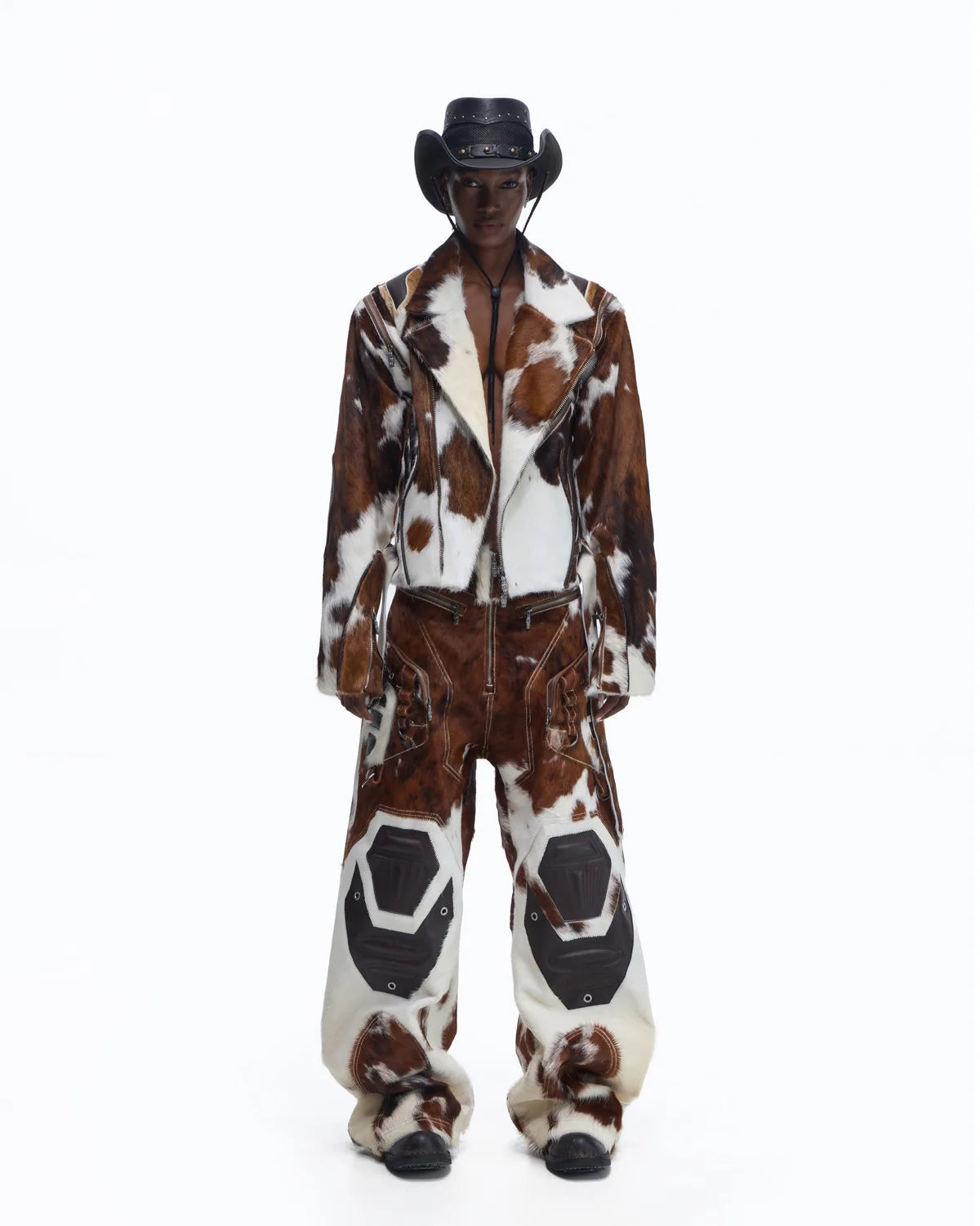 Personsoul Cowhide-Print Vintage Biker Leather Jacket