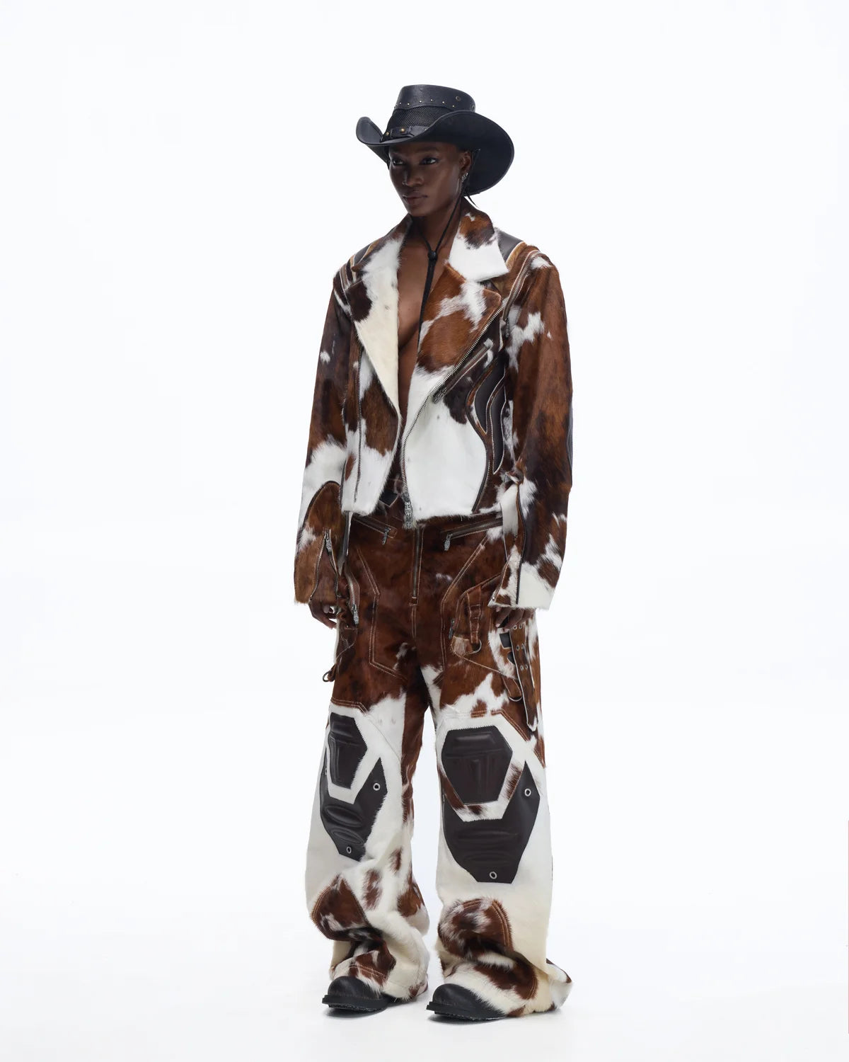 Personsoul Cowhide-Print Vintage Biker Leather Jacket