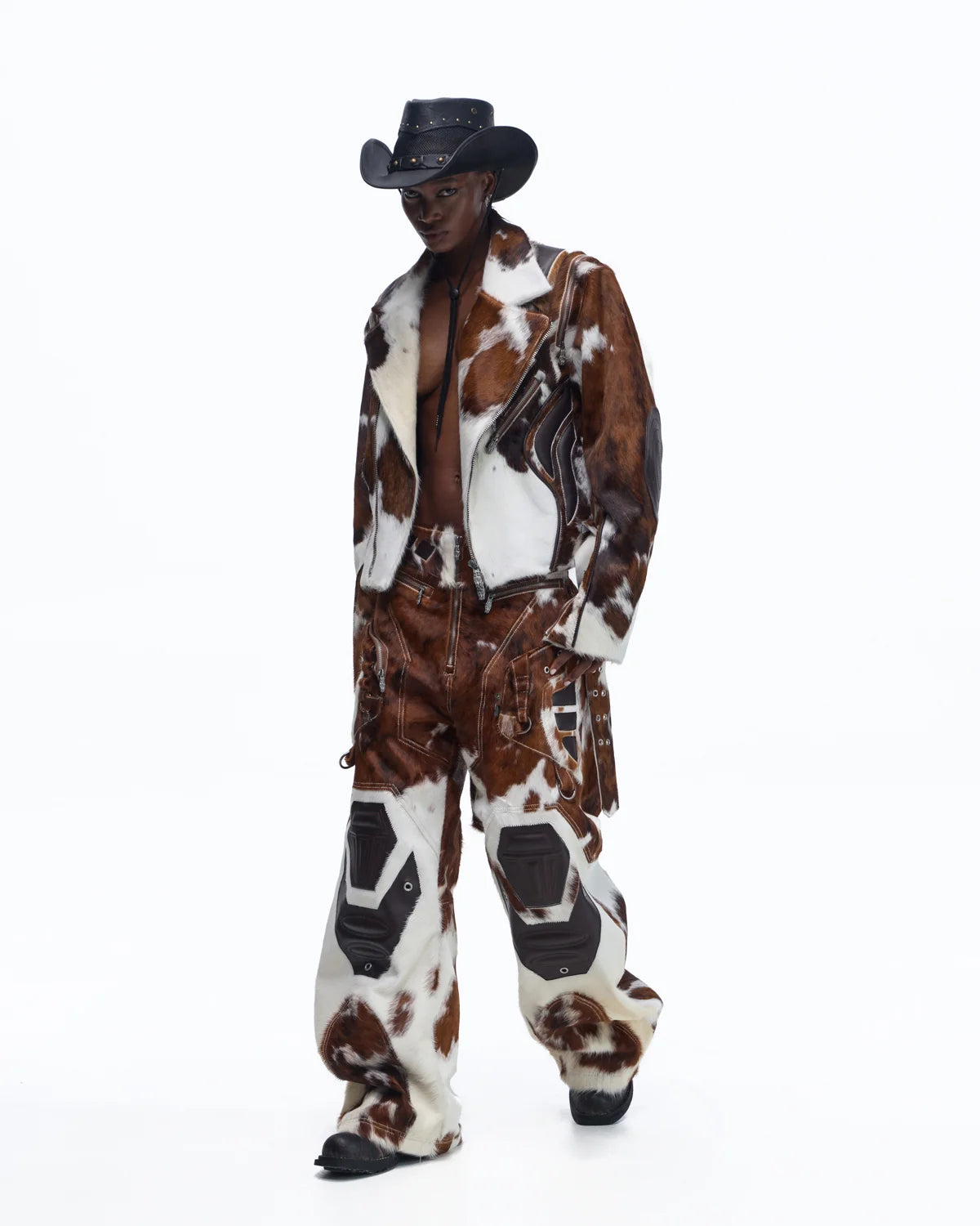 Personsoul Cowhide-Print Vintage Biker Leather Jacket