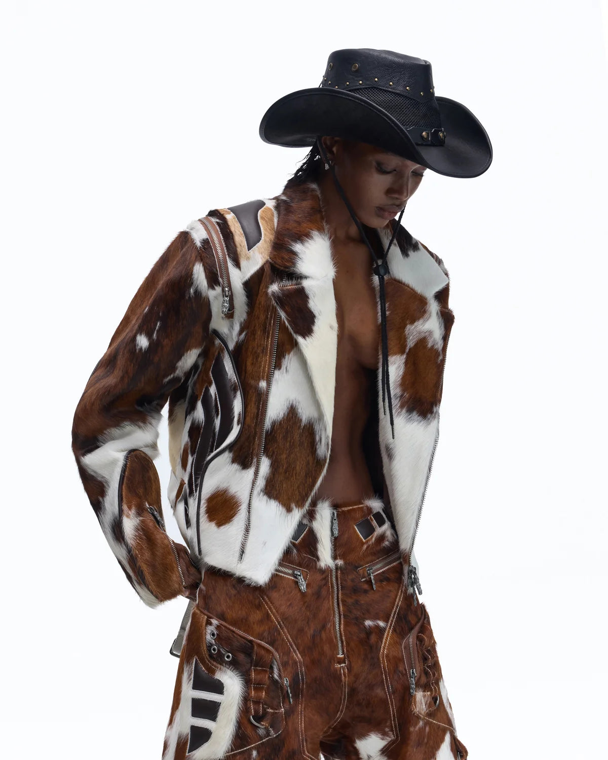 Personsoul Cowhide-Print Vintage Biker Leather Jacket