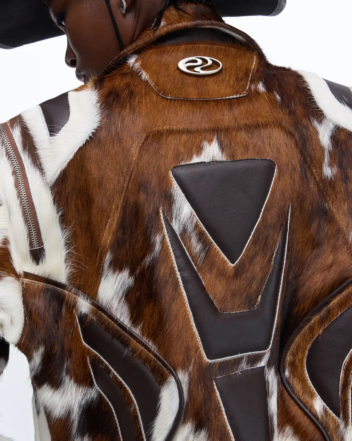 Personsoul Cowhide-Print Vintage Biker Leather Jacket