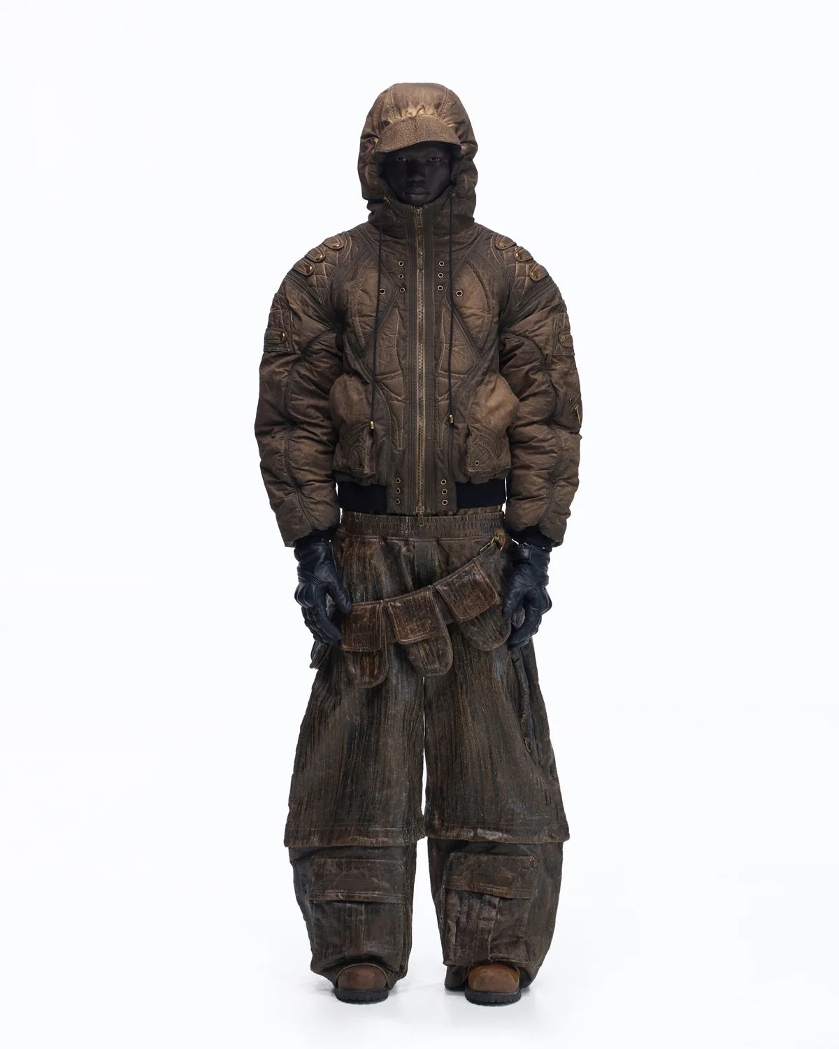 Personsoul Waxed Vintage Double-Waist Cargo Pants