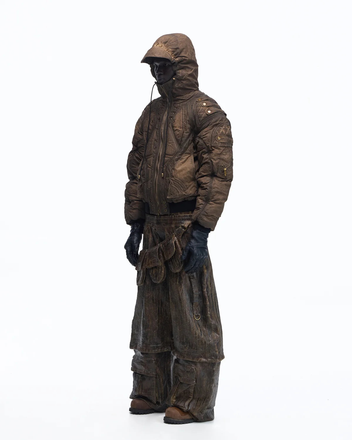 Personsoul Waxed Vintage Double-Waist Cargo Pants