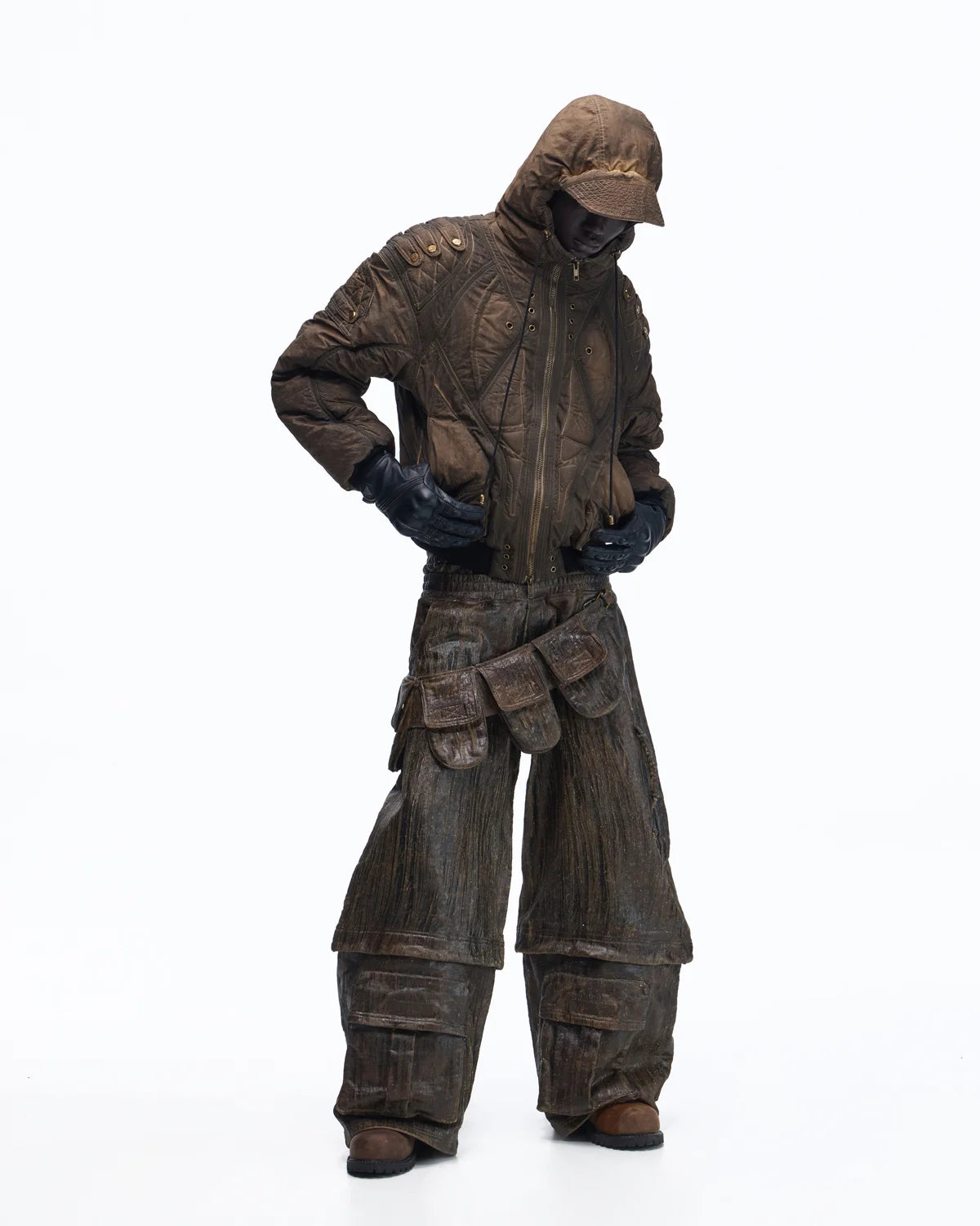 Personsoul Waxed Vintage Double-Waist Cargo Pants