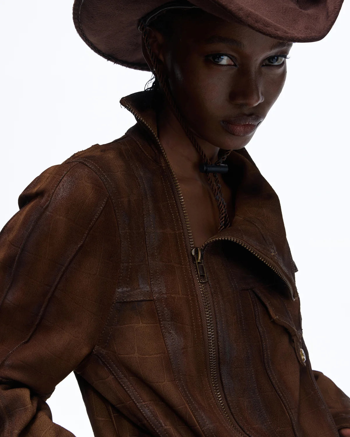 Personsoul Distressed Croc-Embossed Suede Short Jacket