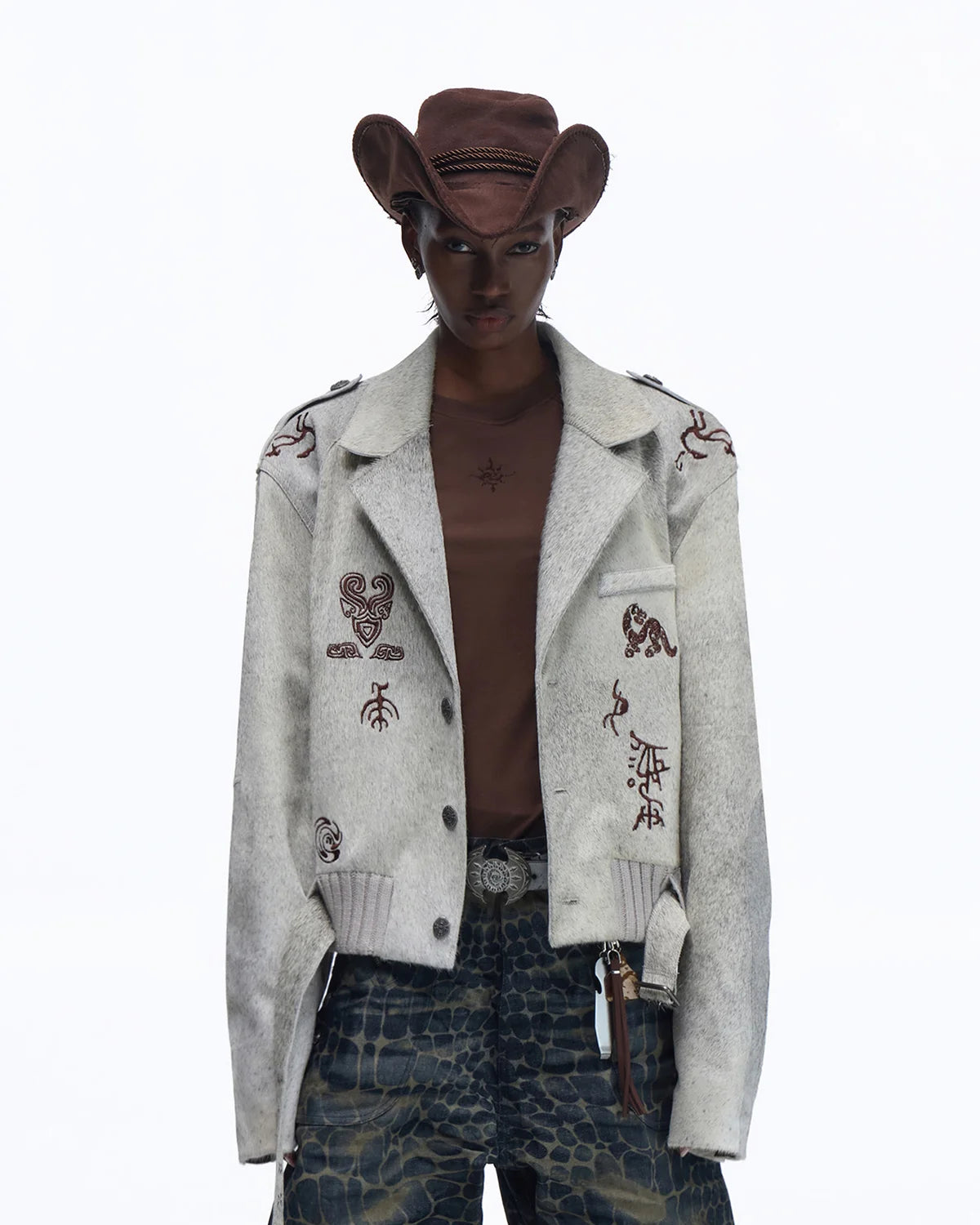 Personsoul Horse-Embroidered Leather Notch Collar Blazer