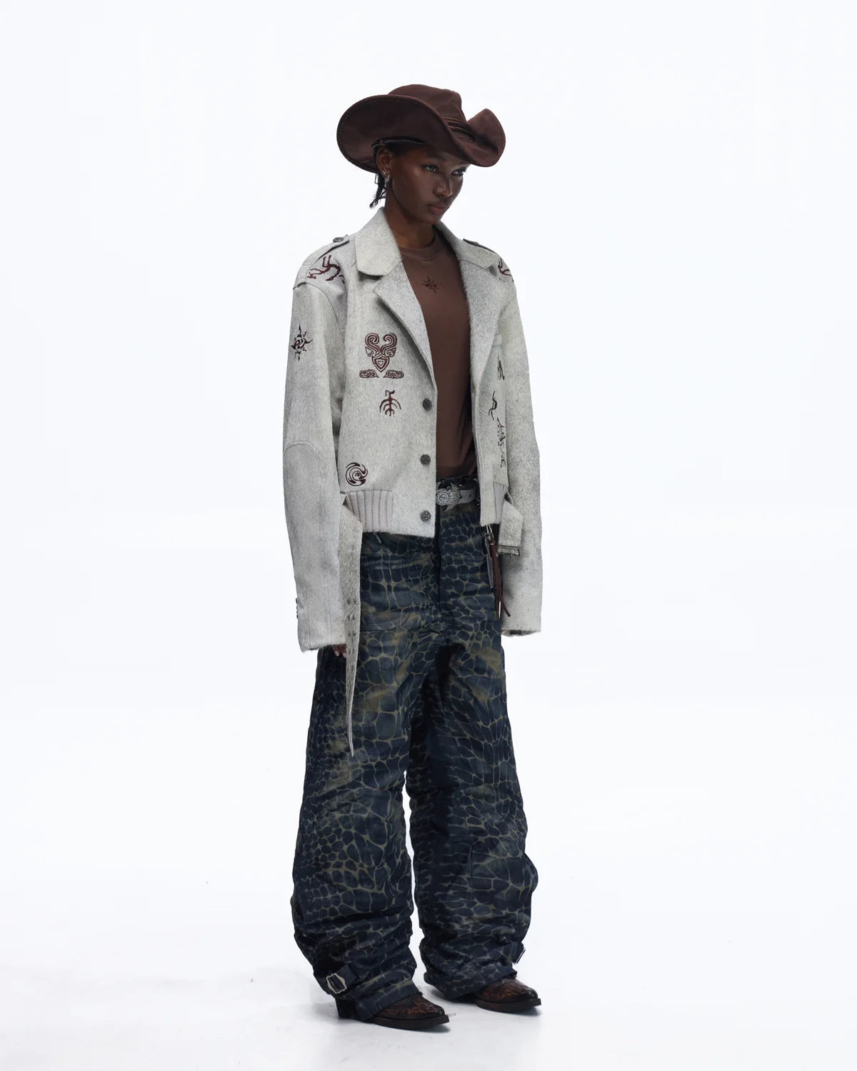 Personsoul Horse-Embroidered Leather Notch Collar Blazer