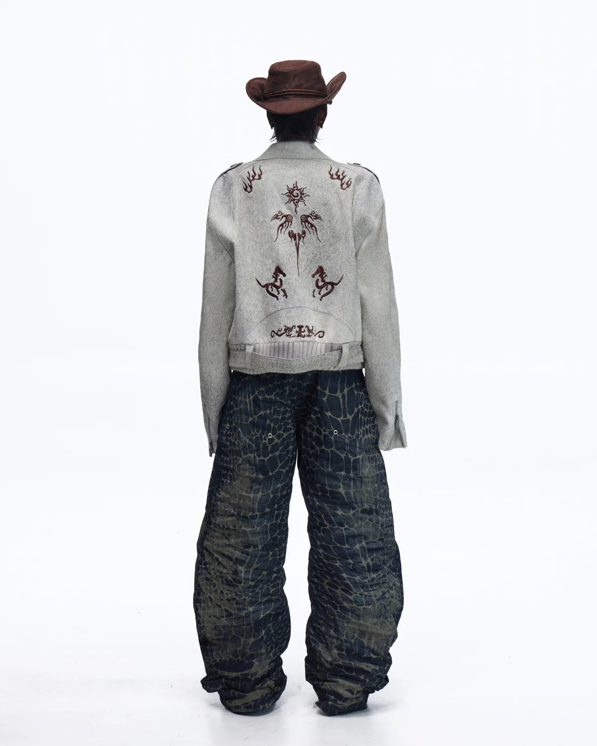 Personsoul Horse-Embroidered Leather Notch Collar Blazer