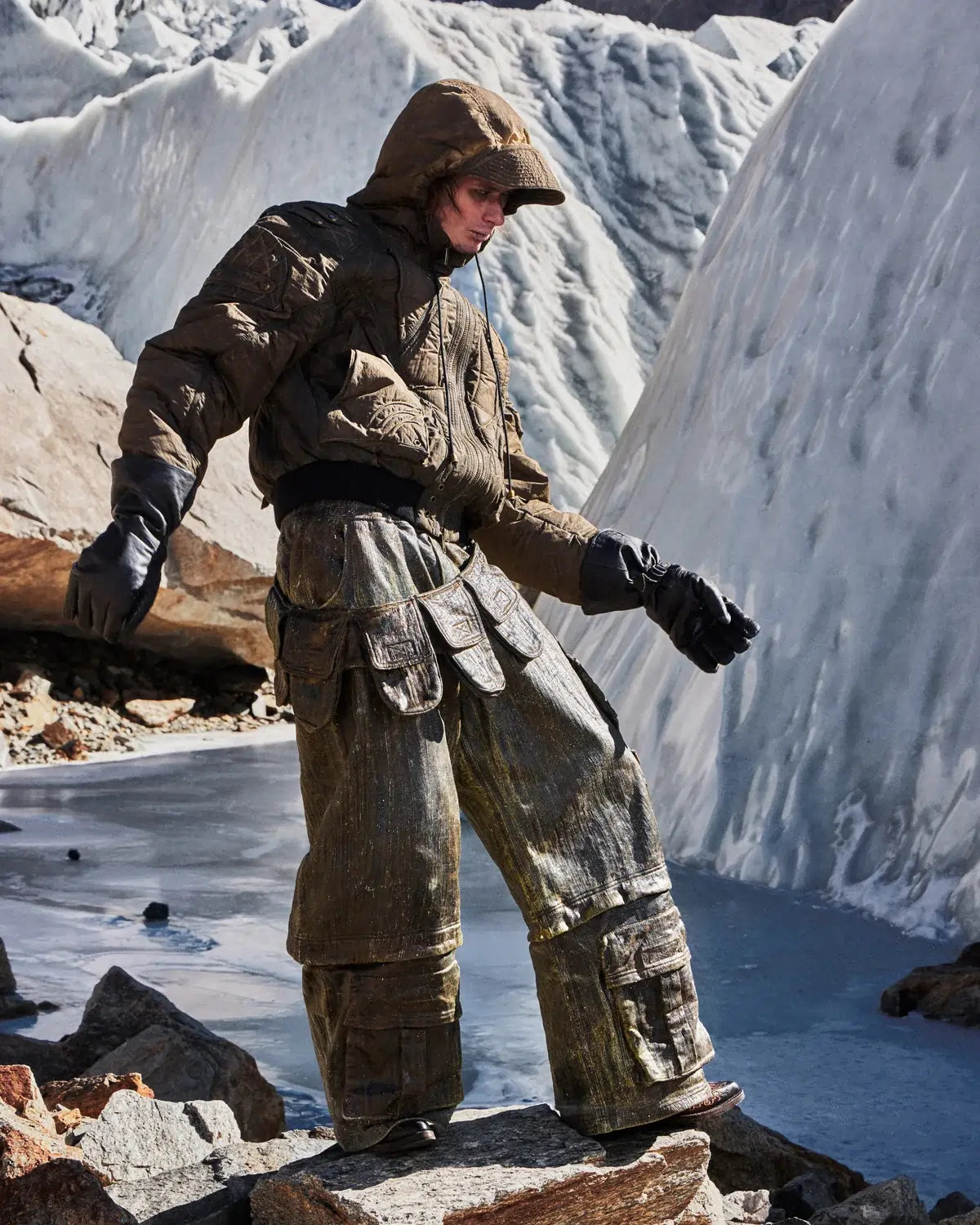 Personsoul Waxed Vintage Double-Waist Cargo Pants