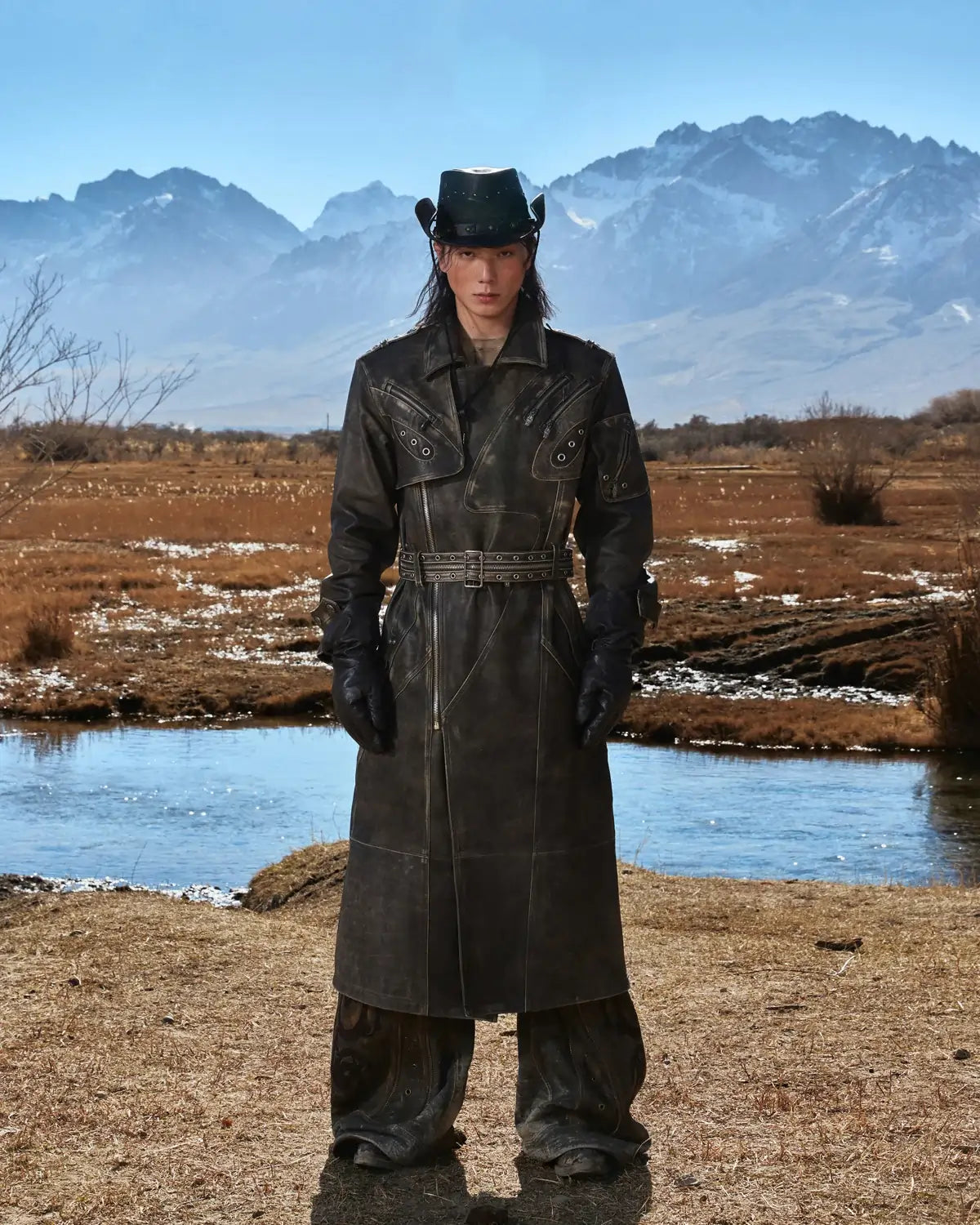 Personsoul Distressed Top-Grain Calf Leather Long Jacket