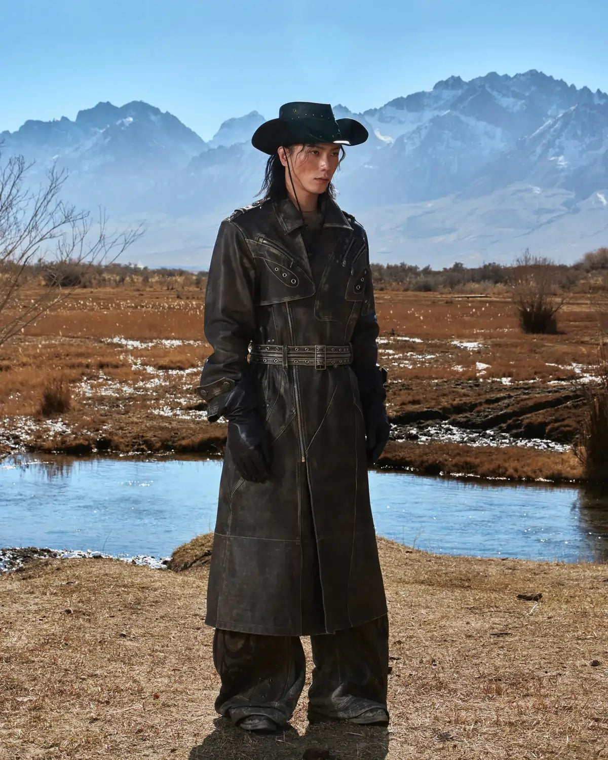 Personsoul Distressed Top-Grain Calf Leather Long Jacket
