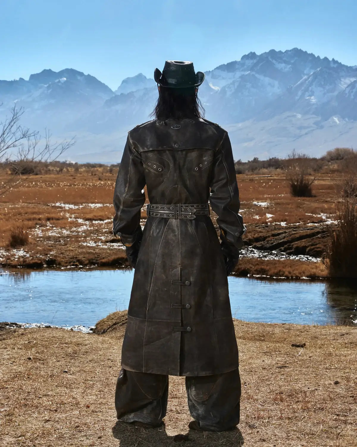 Personsoul Distressed Top-Grain Calf Leather Long Jacket