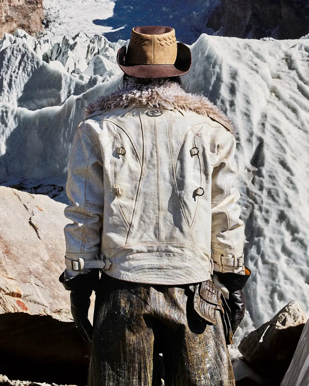 Personsoul Cracked Sheepskin and Mosner Wool Stand Collar Jacket