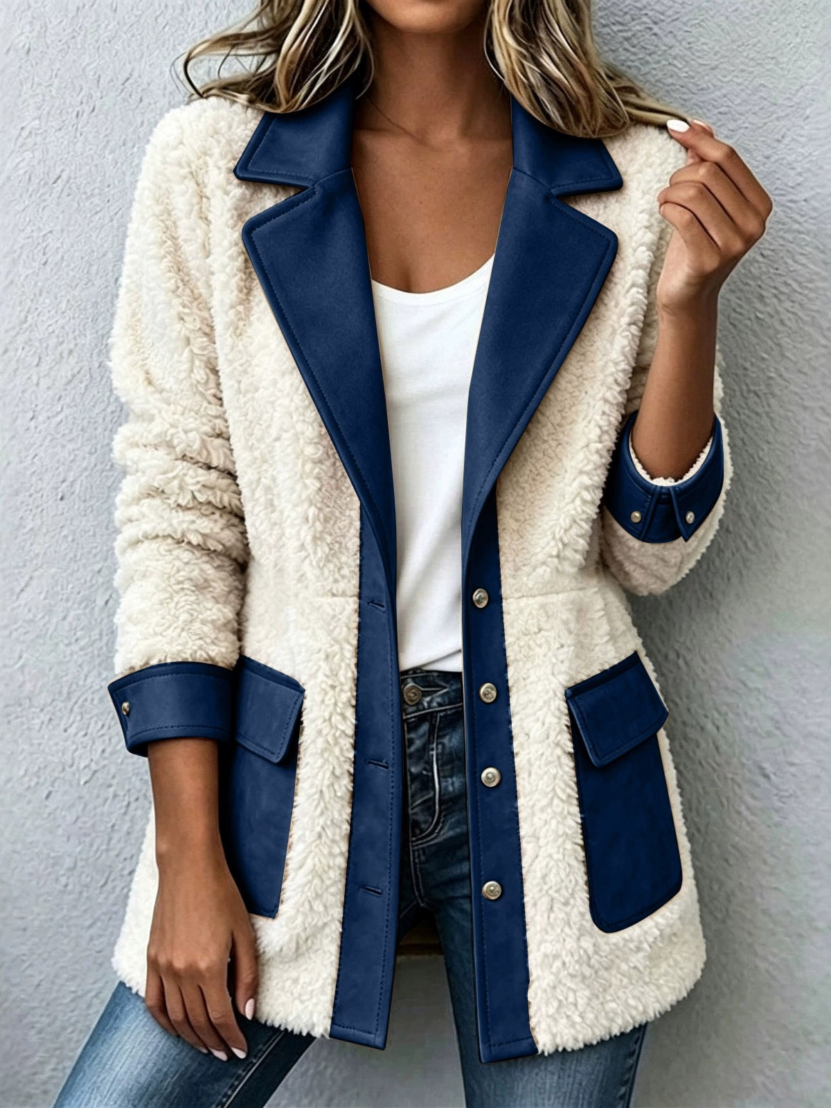 Women Sherpa Suede Combo Collared Jacket