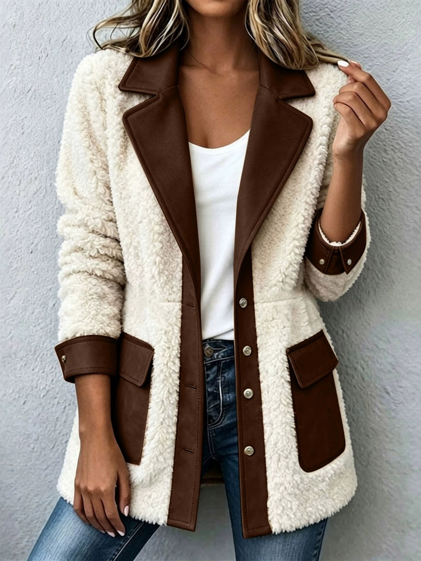 Women Sherpa Suede Combo Collared Jacket