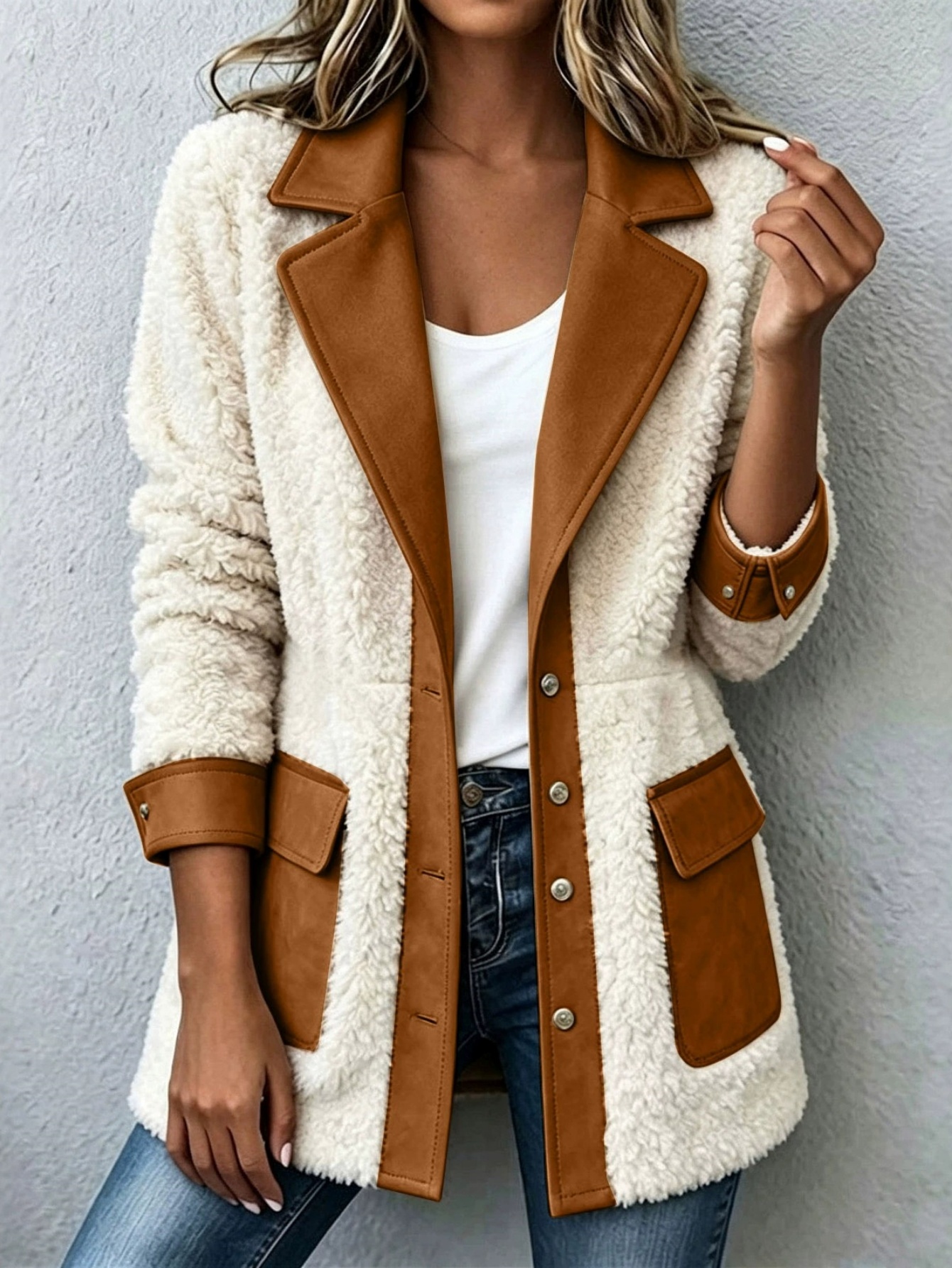 Women Sherpa Suede Combo Collared Jacket