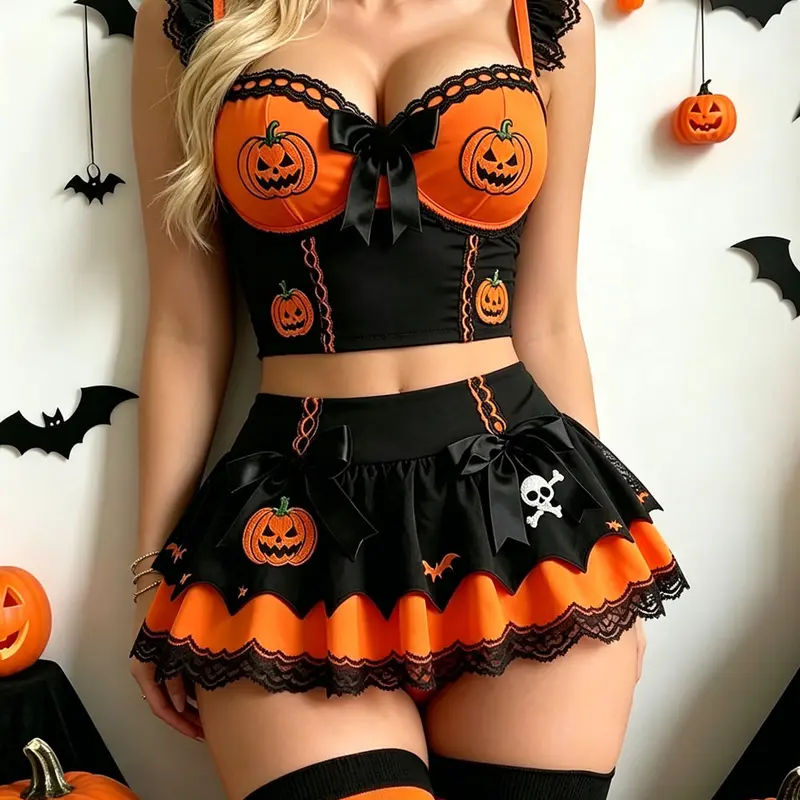 Women's Pumpkin Witch Halloween Costume Set – Gothic Lace Bustier & Mini Skirt