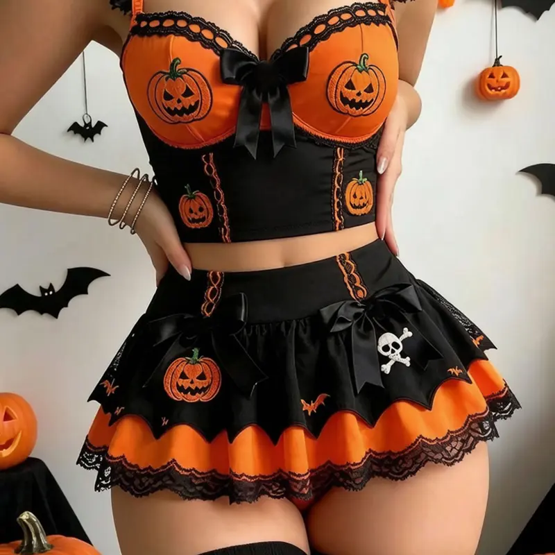 Women's Pumpkin Witch Halloween Costume Set – Gothic Lace Bustier & Mini Skirt