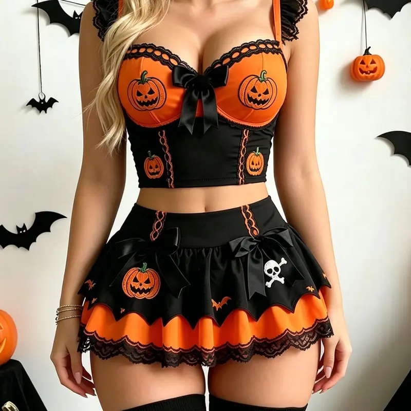 Women's Pumpkin Witch Halloween Costume Set – Gothic Lace Bustier & Mini Skirt