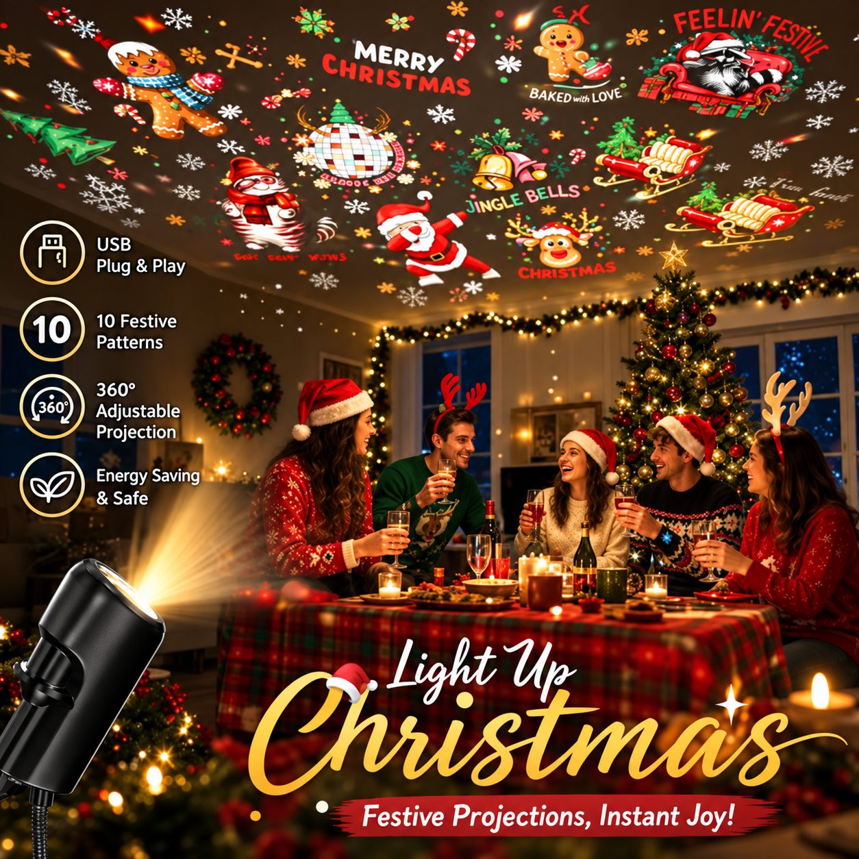 🎄🌟 Christmas Projection Night Light-Plug & Play HD Christmas Projector🎅