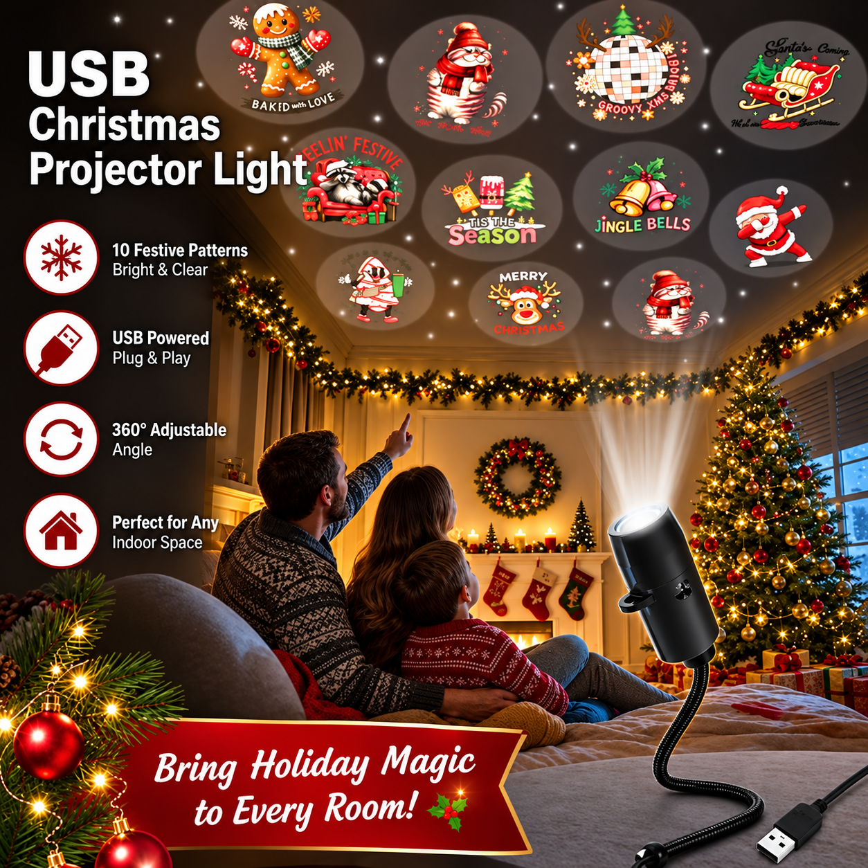 🎄🌟 Christmas Projection Night Light-Plug & Play HD Christmas Projector🎅