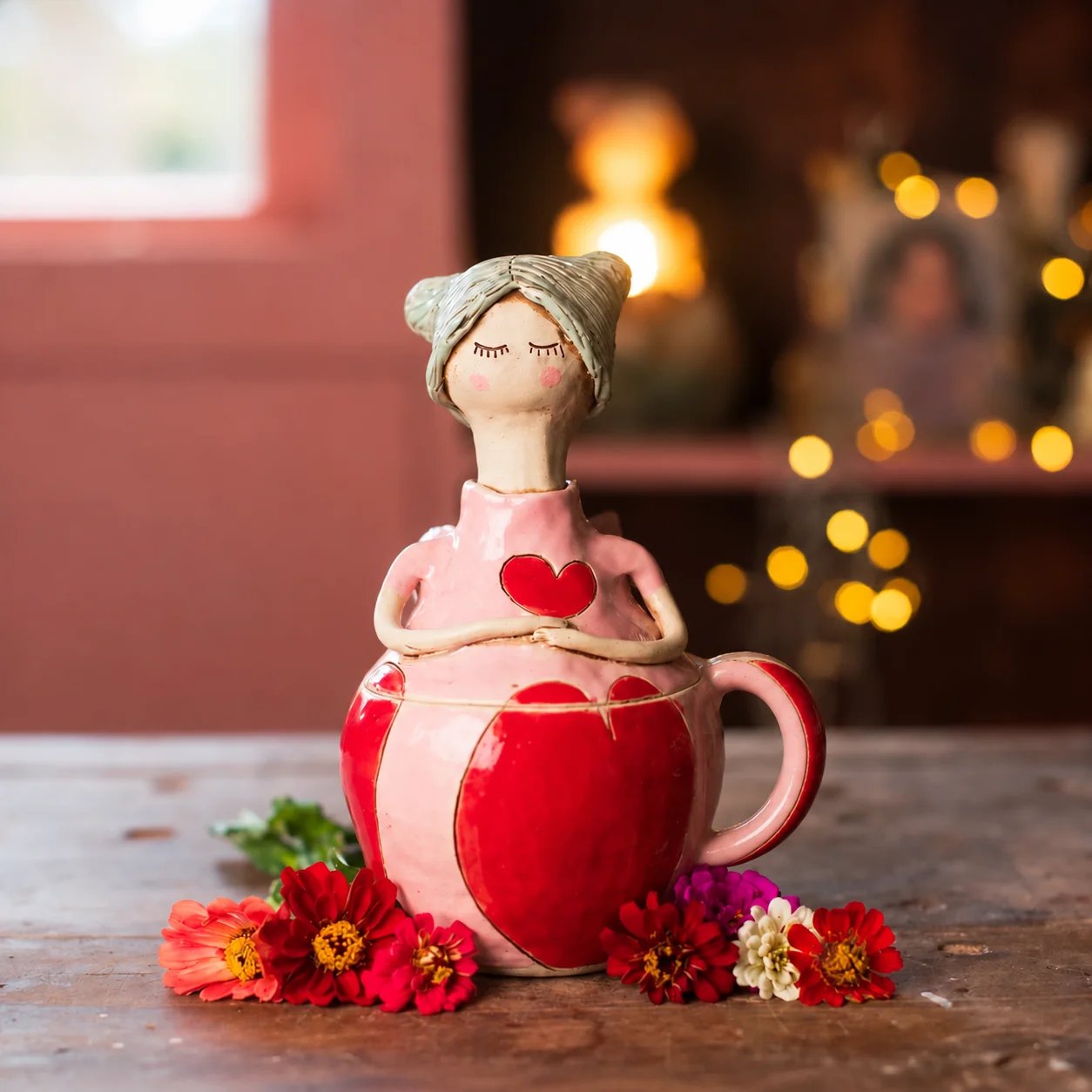 Fernhear fairy jar and mug with a pink top, red heart, red petal cup body and matching handle