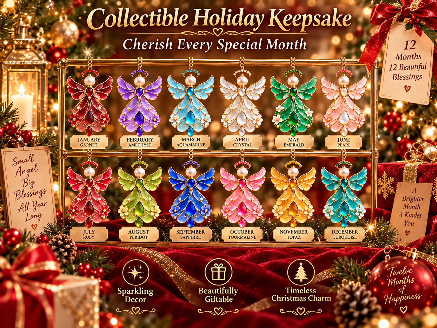 Twelve birthstone angels arranged as a meaningful Christmas keepsake collection
