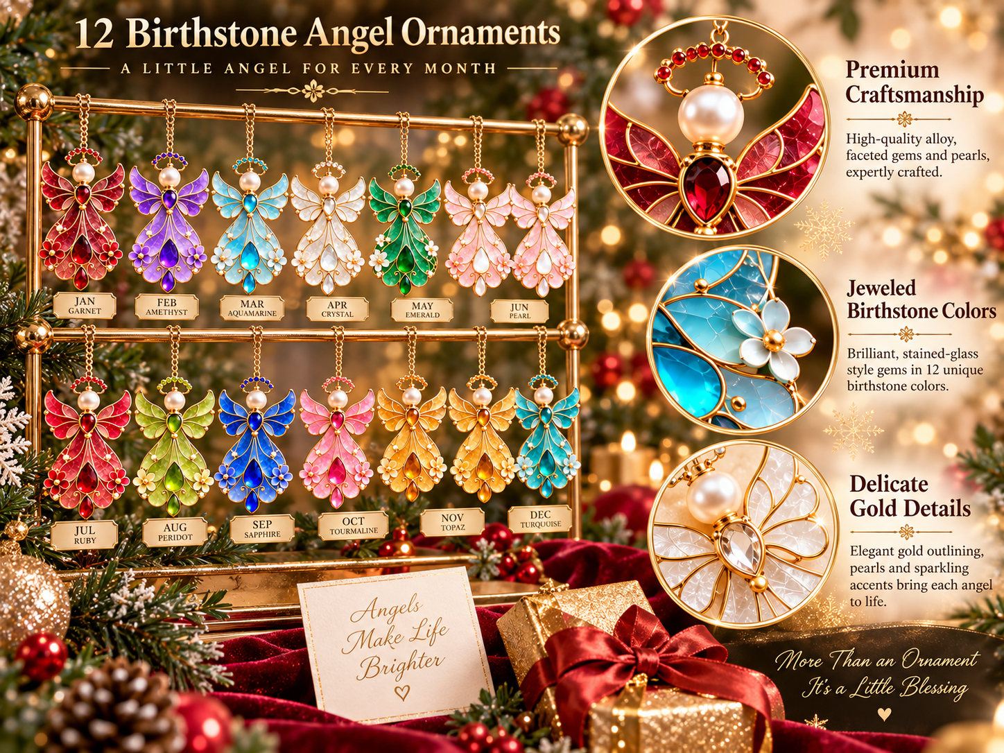 Close-up details of birthstone angel ornaments with gold filigree faux pearl and jewel accents