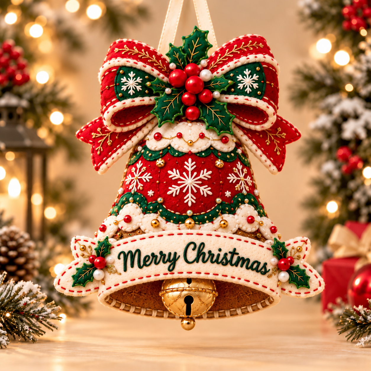 Felt Christmas bell and bow ornament