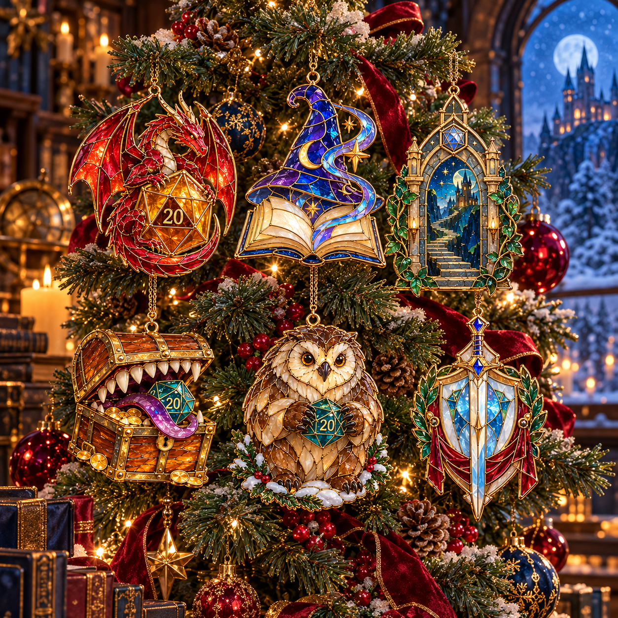 🎁LIMITED‑TIME 50% OFF! Enchanted Realms – 6-Piece Vintage Stained Glass-Style Fantasy Christmas Ornament Set