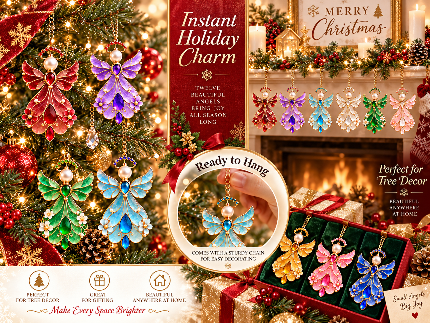 Birthstone angel ornaments glowing among Christmas lights and evergreen branches