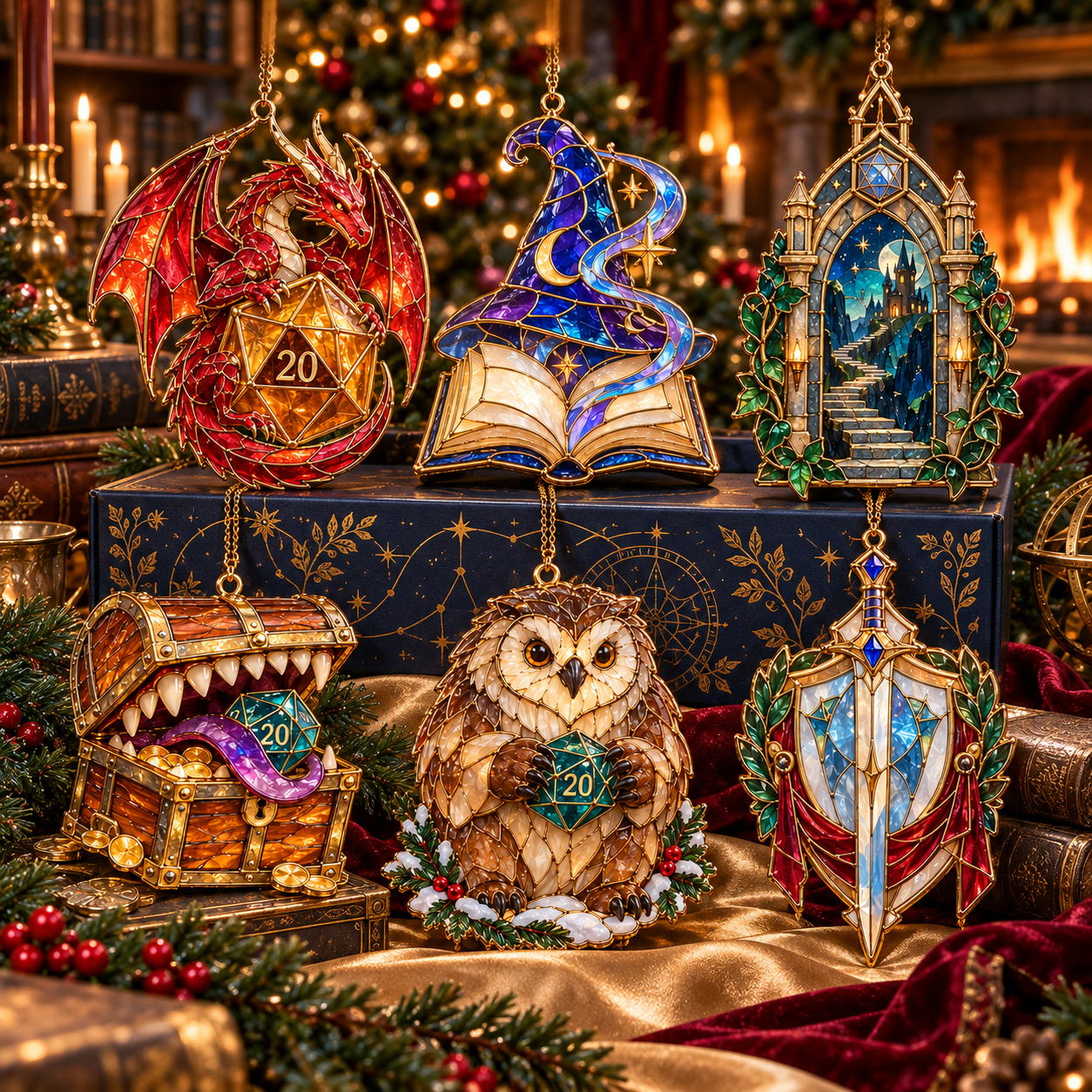 🎁LIMITED‑TIME 50% OFF! Enchanted Realms – 6-Piece Vintage Stained Glass-Style Fantasy Christmas Ornament Set