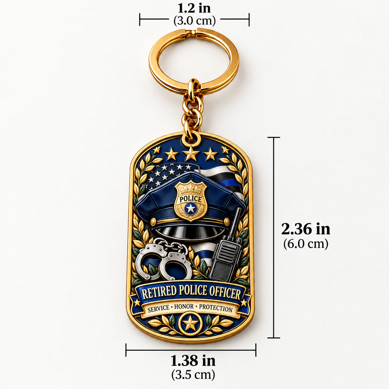 Retirement tribute keychain dimensions approximately 6 by 3.5 centimeters