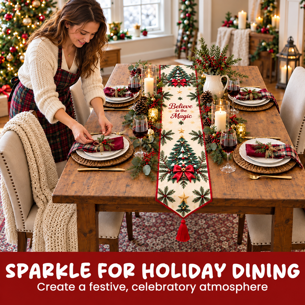 Christmas diamond painting table runner used for holiday dining
