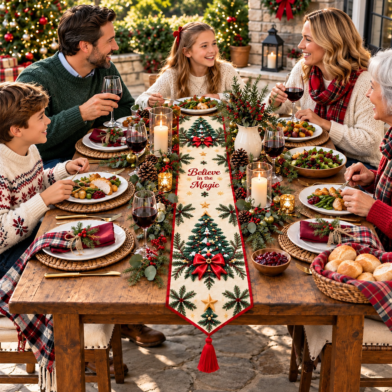 Family Christmas dinner with diamond painting table runner