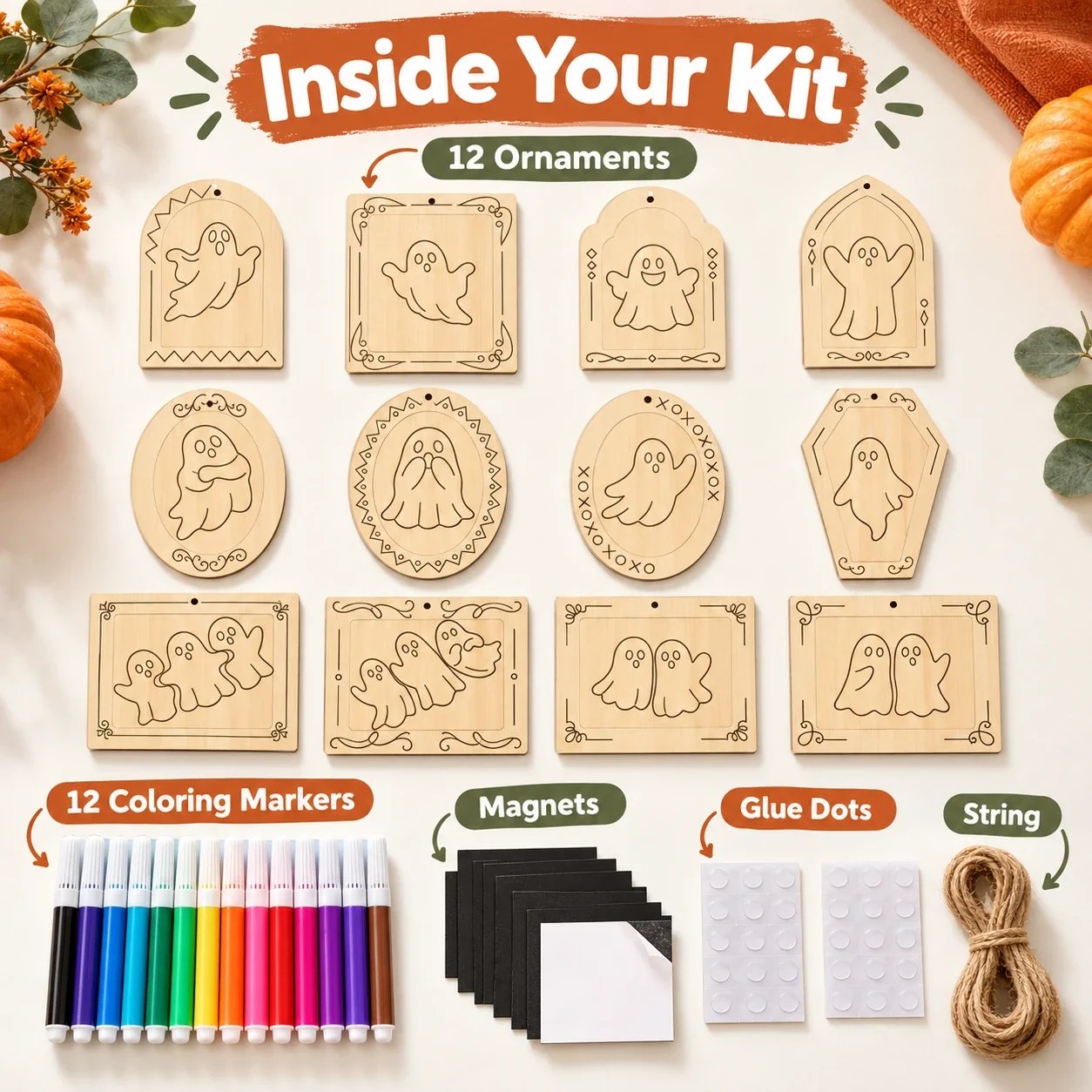 Ghost ornament kit with coloring markers and display accessories