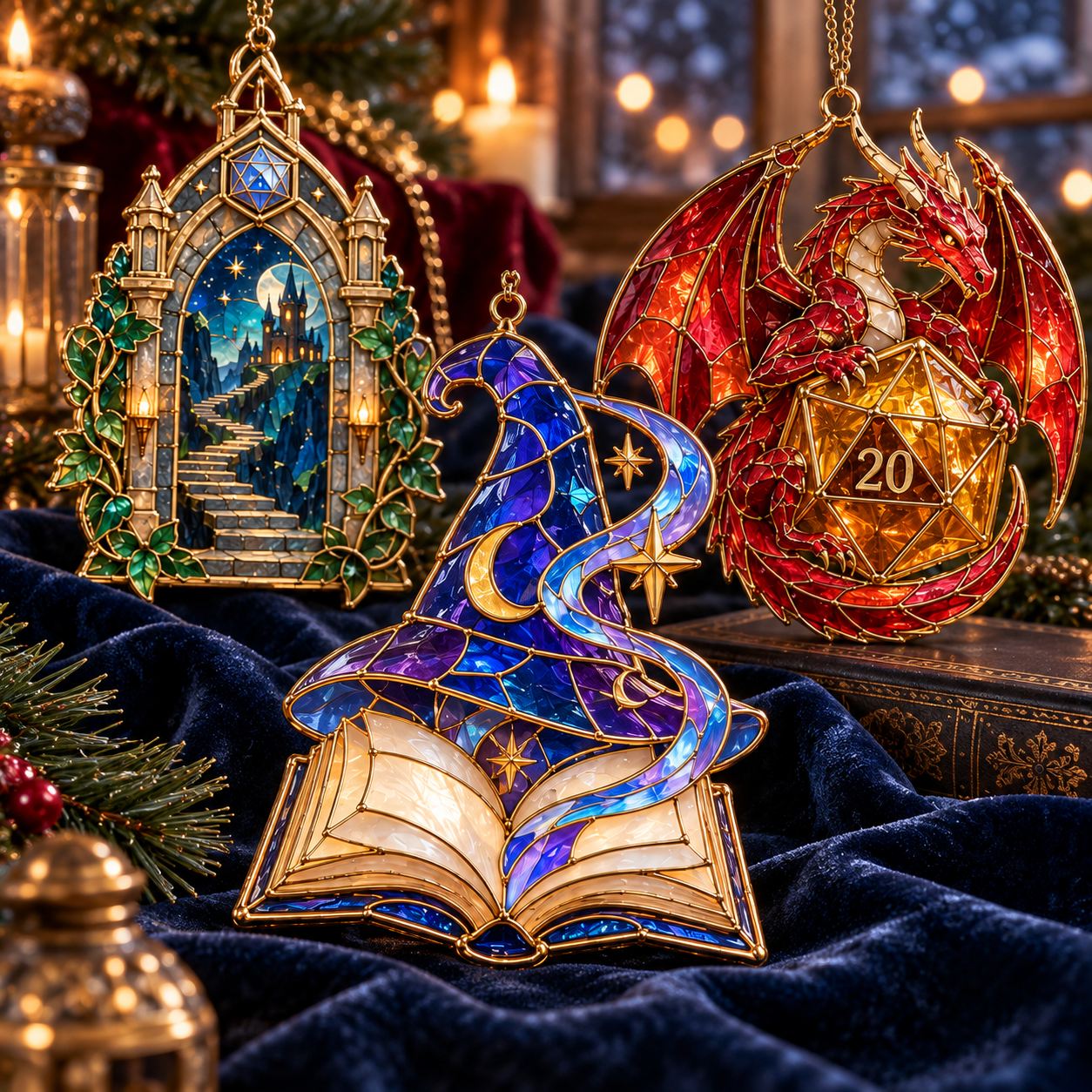 Fantasy ornament displayed in a holiday setting