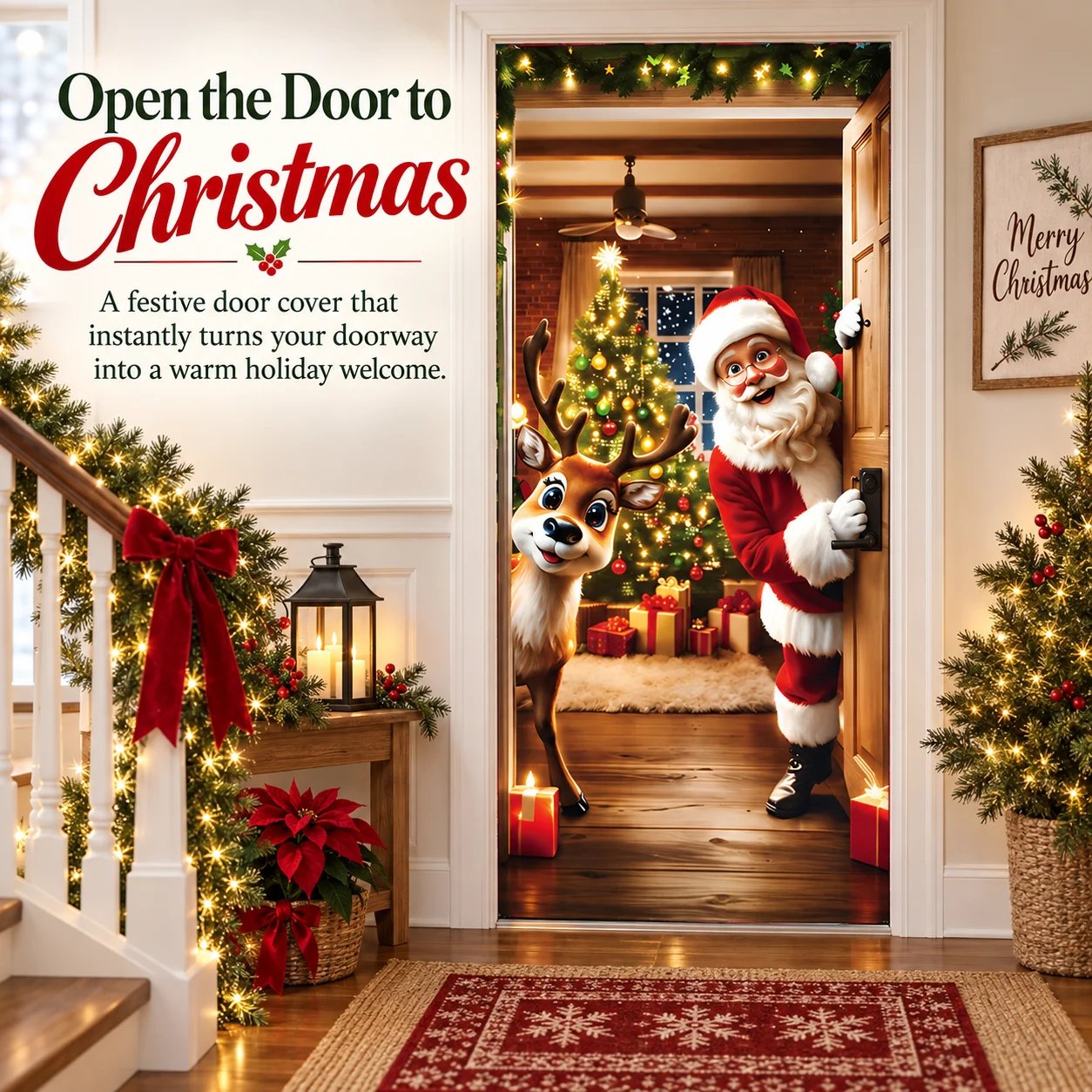 🎁LAST DAY 50% OFF –🎅 🚪Santa & Reindeer Christmas Door Cover