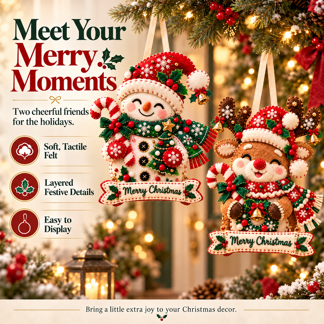 Felt Christmas ornament displayed among holiday decorations