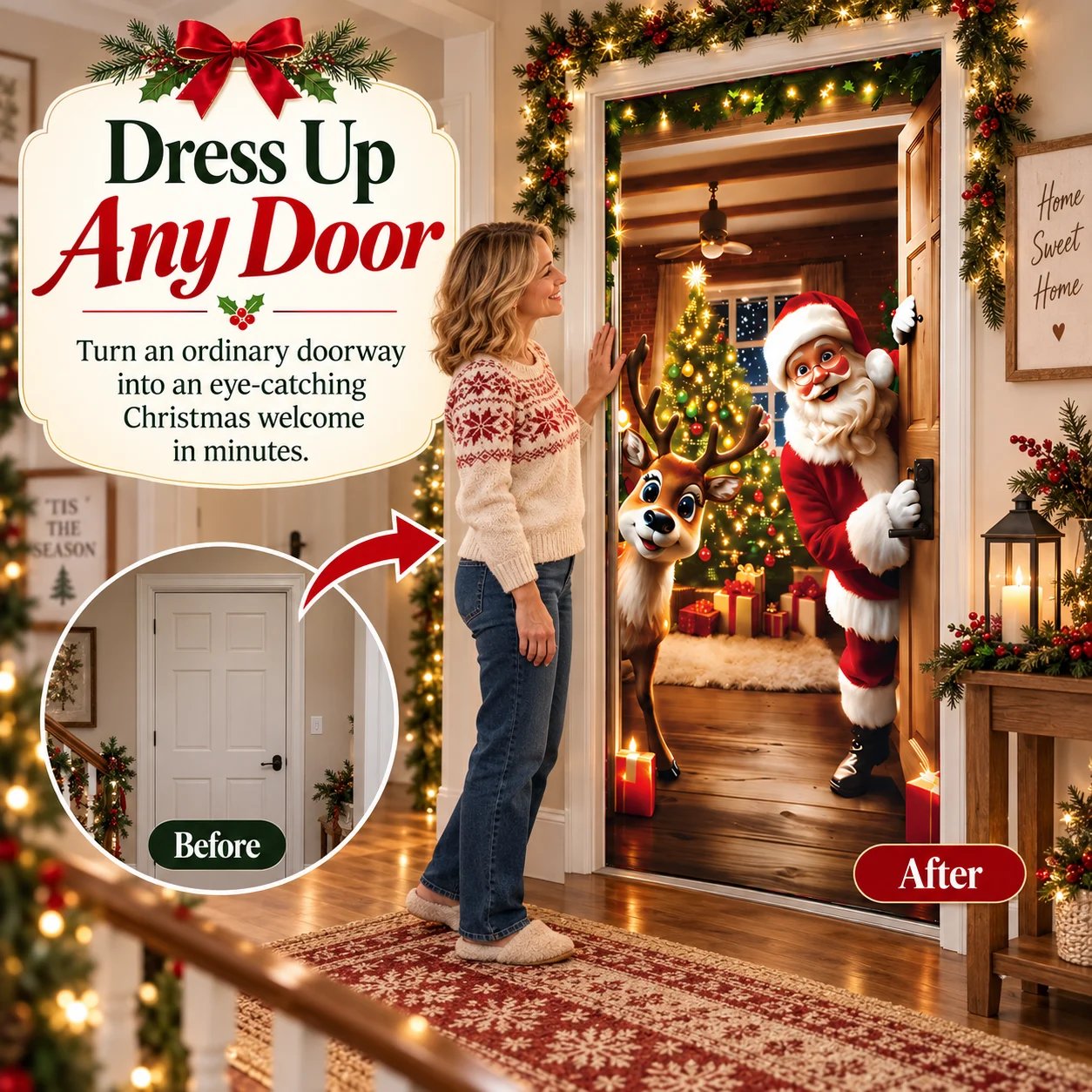 🎁LAST DAY 50% OFF –🎅 🚪Santa & Reindeer Christmas Door Cover
