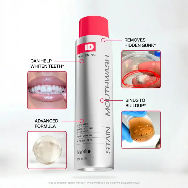 Hismile iD Stain Whitening Mouthwash for White Teeth, Freshens Breath with Essential Oils 237ml