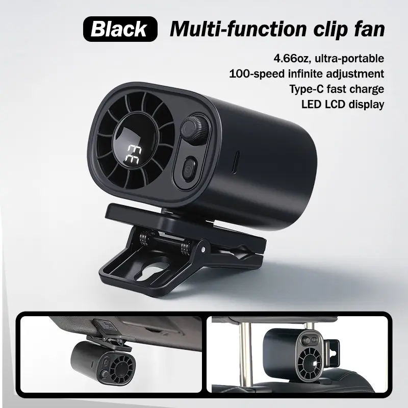 【Summer Survivals】Joytutus Car Fan 2026 Portable Car LCD Clip Personal Clip-On Fan - 360° Rotatable, 100-Speed Wind, 12V USB Rechargeable 1800mAh/3000mAh Battery-Powered Portable Fan, Low Noise, Clamp-Anywhere, Summerwins Car Accessories High Velocity Fan