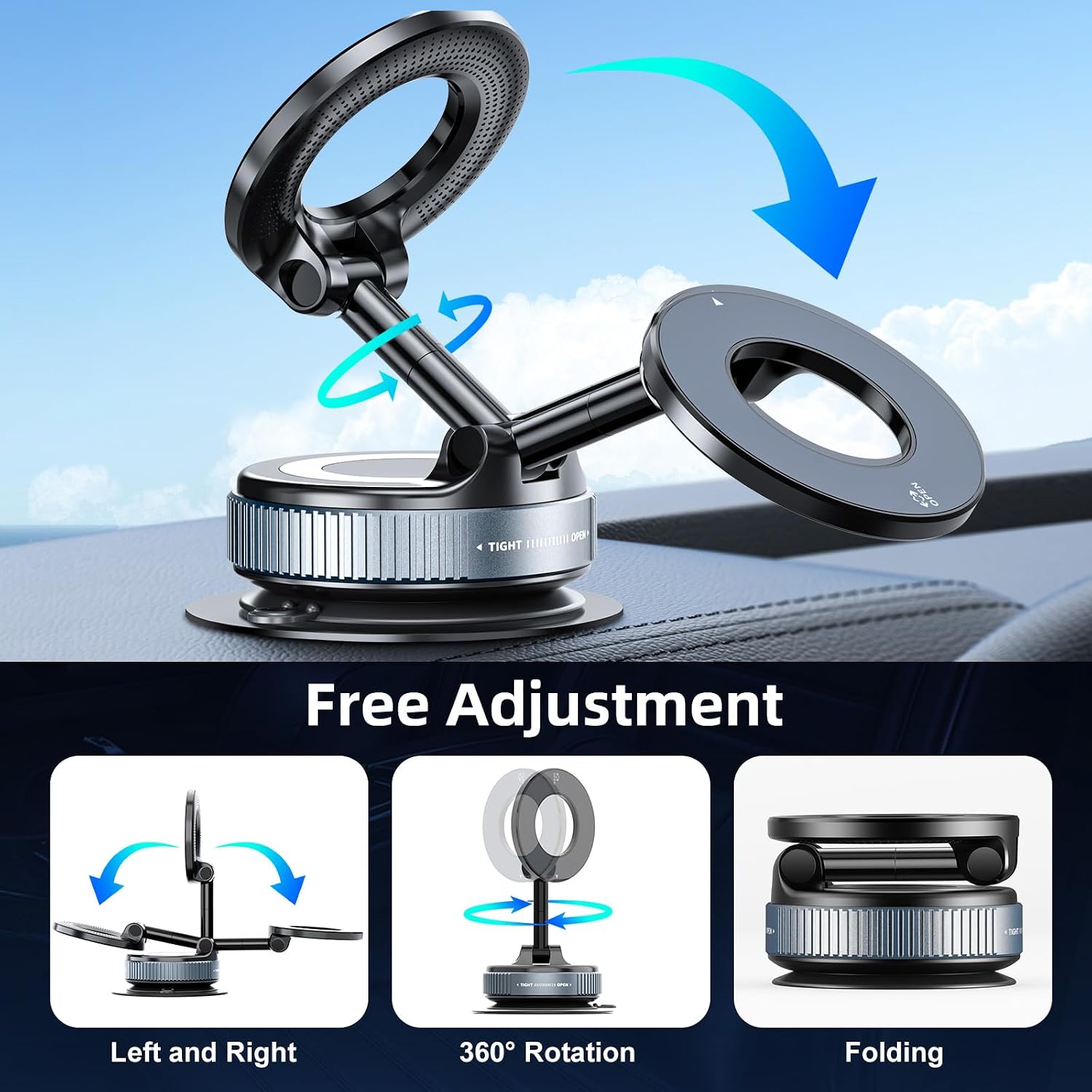 Vacuum Magnetic Phone Holder, 360° Adjustable Magnetic Car Mount, Foldable Portable Suction Cup Cell Phone Mount for Car/Gym/Mirror/Shower, Compatible with All Smartphones & All Car Models
