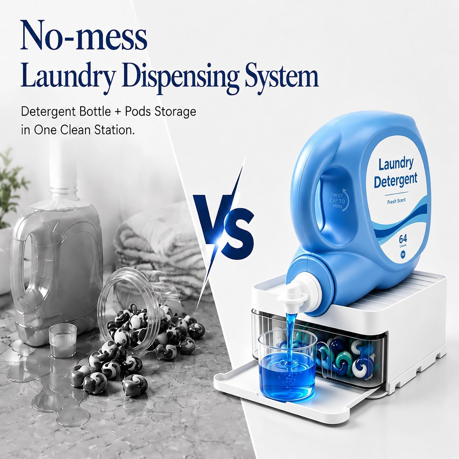 3-in-1 Laundry Detergent Organizer Stand with Pod Storage Drawer & Drip Tray, Detergent Dispenser Holder for Large Bottles, Laundry Capsule Storage Box