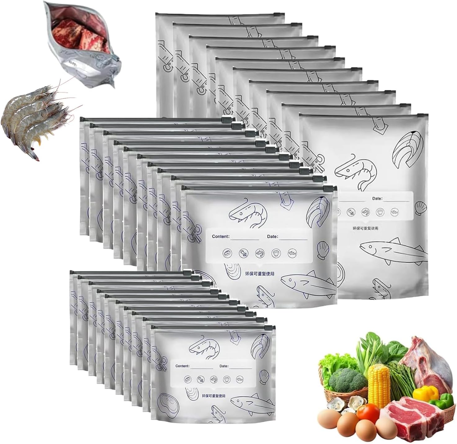 30PCS Reusable Aluminum Foil Sealable Storage Bags, 2026 New Vacuum Zipper Pouches for Food, Stand Up Foil Sealable Bags with Label and Zip Lock for Vegetable Fruit Meat