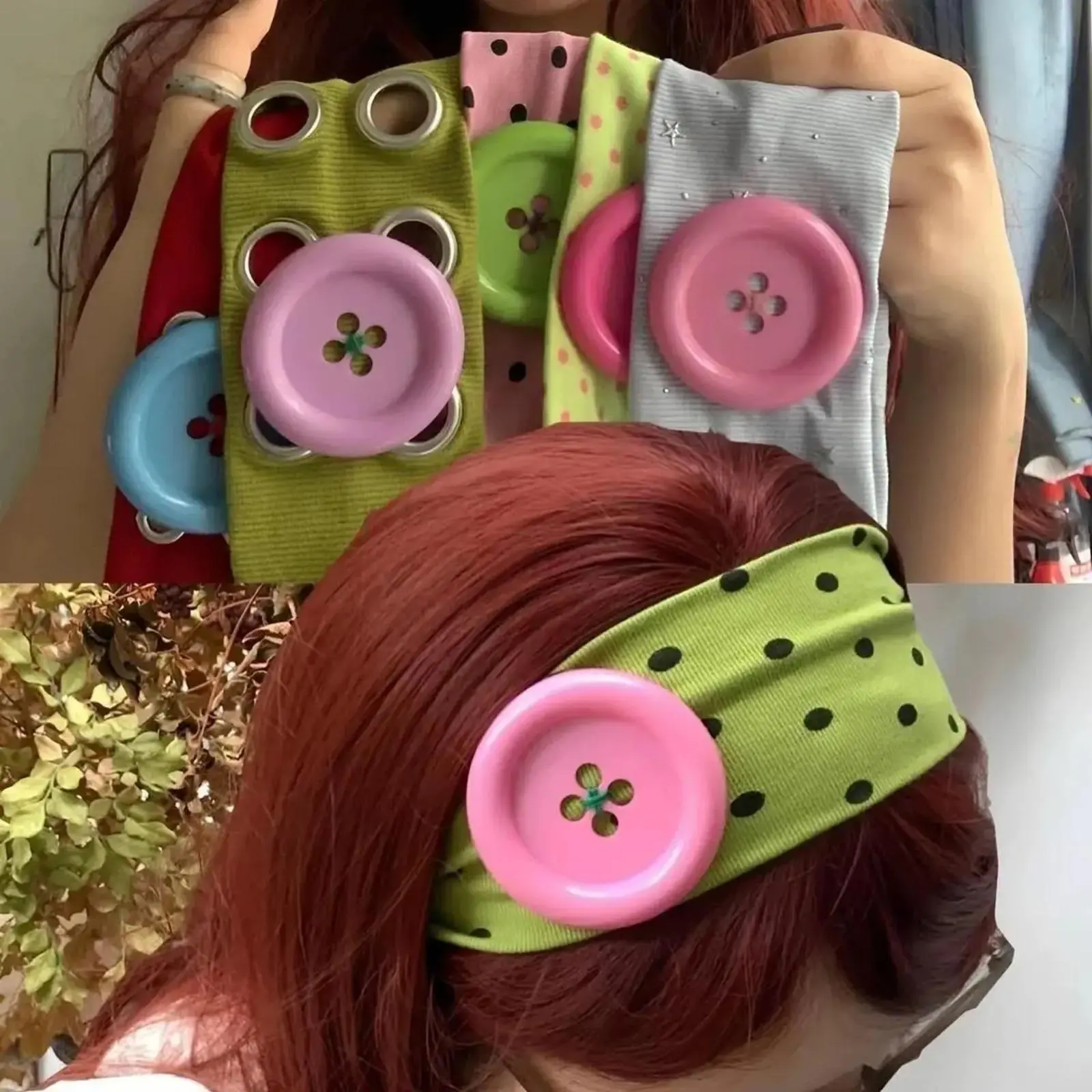 Colorful Large Button Wave Dot Wide Elastic Headband for Women, Korean Ins Y2K Retro Blogger Same Style Trendy Cool Daily Hair Accessories