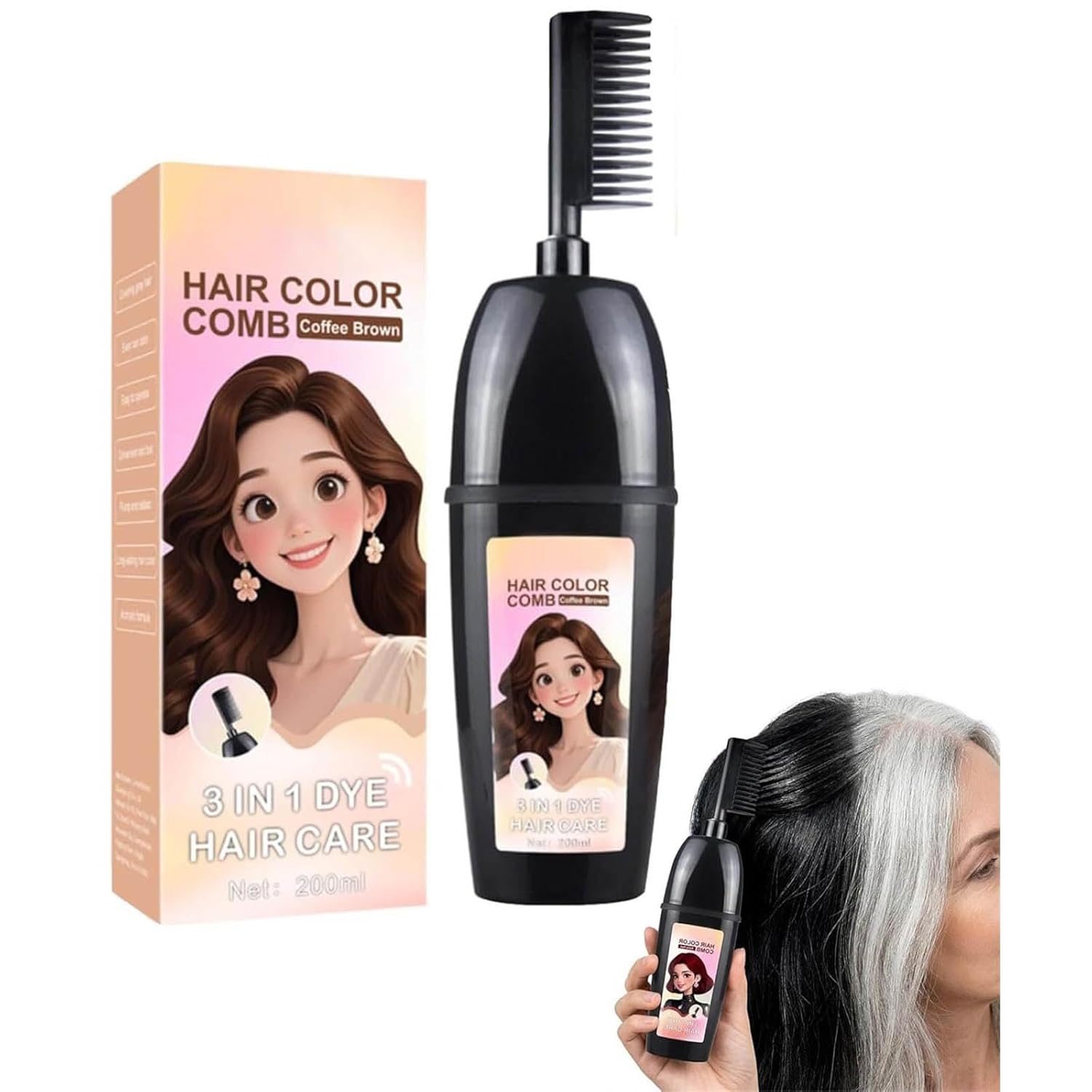 3-In-1 Hair Dye Comb With Built-In Brush, Portable Hair dye, Plant-based Hair Dye, Gentle Gray Hair Coverage, Easy To Use
