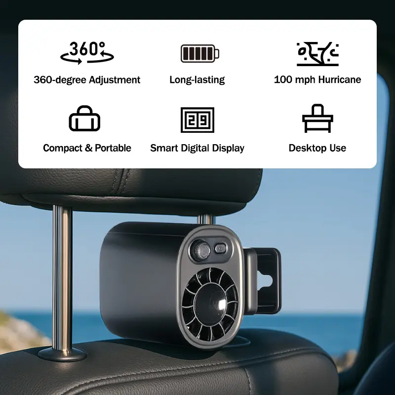 【Summer Survivals】Joytutus Car Fan 2026 Portable Car LCD Clip Personal Clip-On Fan - 360° Rotatable, 100-Speed Wind, 12V USB Rechargeable 1800mAh/3000mAh Battery-Powered Portable Fan, Low Noise, Clamp-Anywhere, Summerwins Car Accessories High Velocity Fan